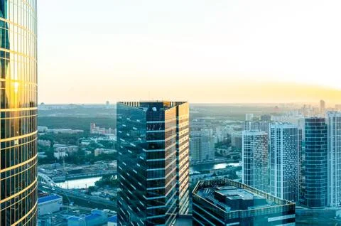 Panoramic view of Moscow city business center district looking through the Stock Photos