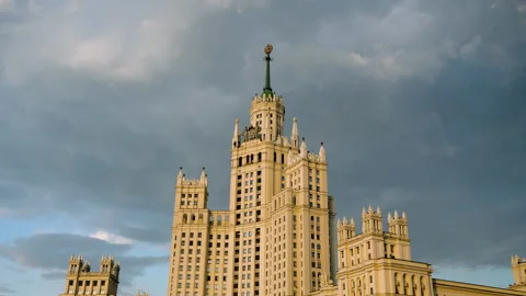 Panoramic view of Moscow. Facade of high-rise residential building in Russia. 4K Stock Footage 163802488