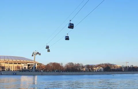 Panoramic view of the Moscow River, the cable car. Stock Photos