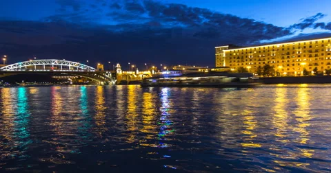 Panoramic view of Moscow river at night time lapse Stock Footage 66308877