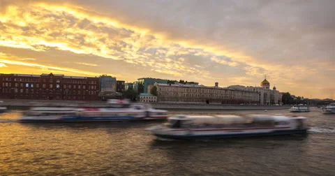 Panoramic view of Moscow river at sunset time lapse Stock Footage 66197345