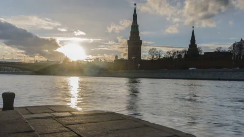 Panoramic view of Moscow river at sunset time lapse, hyper lapse, Video stock 105266973