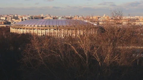Panoramic view of Moscow, with the stadium, metro bridge and the downtown  .. Stock Footage 73837720