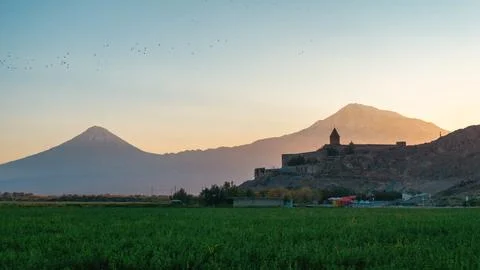 Panoramic view of Mount Ararat at sunset, Armenia. Stock Photos