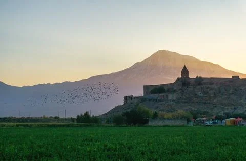 Panoramic view of Mount Ararat at sunset, Armenia. Stock Photos