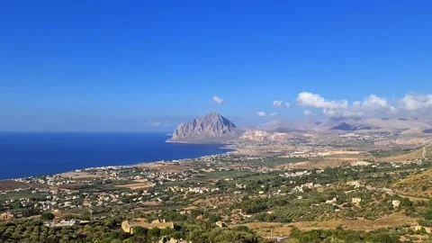 Panoramic view of mount cofano and bonagia gulf from erice viewpoint zoom in Stock Footage 278915973