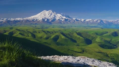 Panoramic view of Mount Elbrus from the Bermamyt Plateau, North Caucasus, Russia Stock Footage 325682676