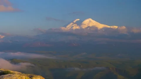 Panoramic View of Mount Elbrus at Sunrise, Caucasus Mountains Stock Footage 325821118
