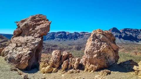 Panoramic view on mount Guajara, Roque de la Grieta in volcano Mount Teide .. Stock Photos