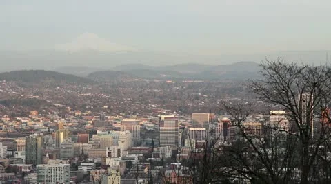 Panoramic View of Mount Hood and Portland Oregon Downtown and Cityscape Stock Footage 10816891
