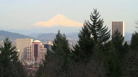 Panoramic View of Mount Hood and Portland Oregon Downtown and Cityscape Stock Footage 10816904