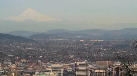 Panoramic View of Mount Hood and Portland Oregon Downtown and Cityscape Stock Footage 10816920