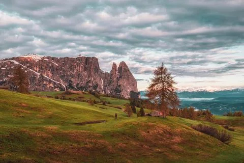 Panoramic view of Mount Sciliar on the Seiser Alm in the Dolomites in South.. Stock Photos