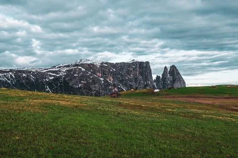 Panoramic view of Mount Sciliar on the Seiser Alm in the Dolomites in South.. Stock Photos