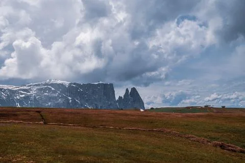 Panoramic view of Mount Sciliar on the Seiser Alm in the Dolomites in South.. Stock Photos