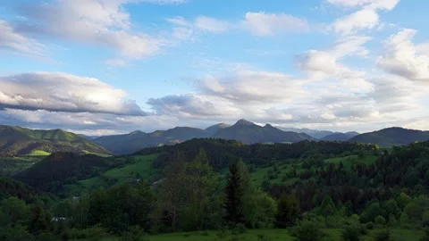 A panoramic view of the mountain and forest landscape in the Carpathian Stock Footage 200816001