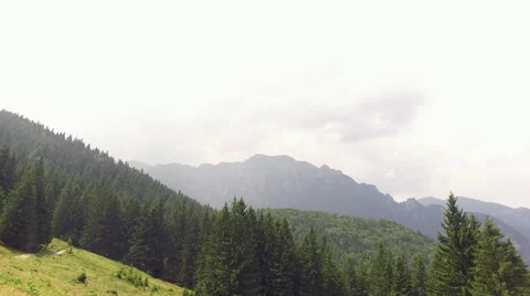 Panoramic view of mountain forest landscape on a cloudy summer day Stock Footage 68413616