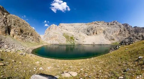 Panoramic view of mountain lake between Bolkar Mountain. Karagol, Nigde, Turkey Stock Photos