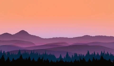 Panoramic View Mountain Landscape And Fur Trees Stock Illustration