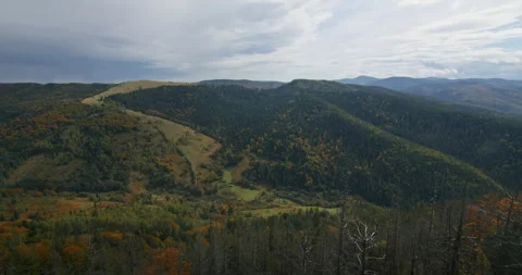 Panoramic view of a mountain landscape with mixed autumn foliage. Seasonal Stock Footage 264998580