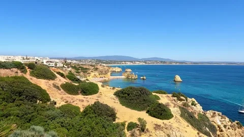 Panoramic View from a Mountain Overlooking Algarve Beach on a Summer Day Stock Footage 284768295