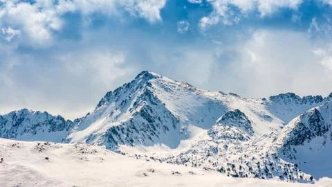 Panoramic view of the mountain peak, Grand Valira, Pyrenees mountains, Andorra Stock Photos