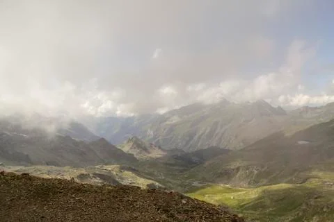 Panoramic view of the mountain range and valleys of Monte Rosa Stock Photos