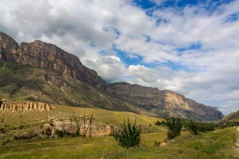 Panoramic view of the mountain range in the North Caucasus in Russia. Stock Photos