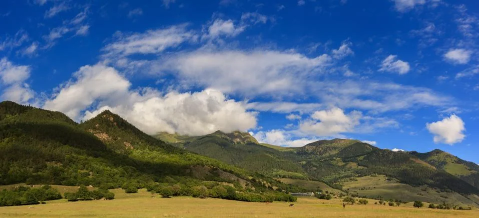 Panoramic view of the mountain range in the North Caucasus in Russia. Stock Photos