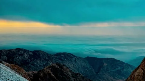 Panoramic View of Mountain Range at Sunrise with Cloud Inversion Stock-Footage 308280692