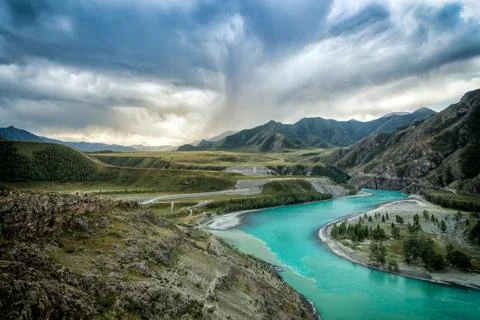 Panoramic view of the mountain river Stock Photos