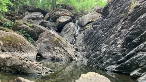 Panoramic view. Mountain river - a small waterfall on a river with crystal clear Stock-Footage 132827087
