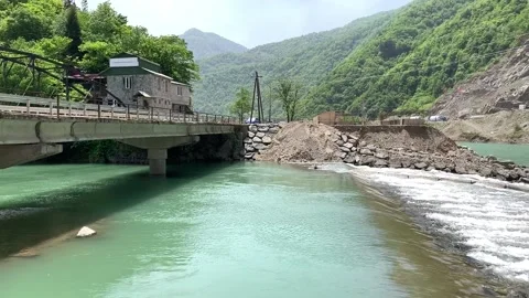 Panoramic view of the mountain river under the bridge Stock Footage 150664502