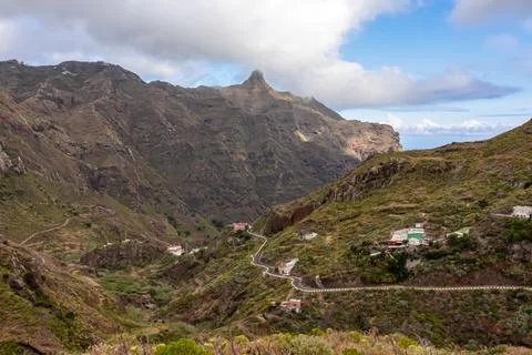Panoramic view on mountain Roque de Taborno in Anaga massif between Afur an.. Stock Photos
