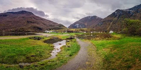 Panoramic view of the mountain scenery in small Flam village Stock Photos