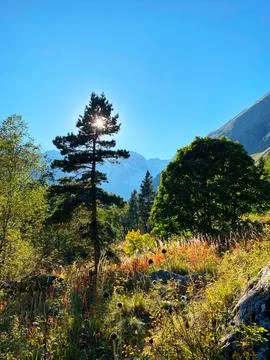 Panoramic view of mountain slope in sunlight, mountain natural landscape Stock Photos