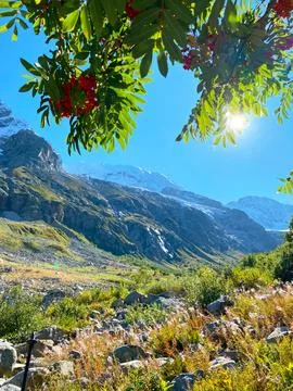 Panoramic view of mountain slope in sunlight, mountain natural landscape Stock Photos