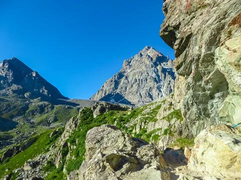 Panoramic view from mountain summit Monte Viso (Monviso) in the Cottian Alp.. Stock Photos