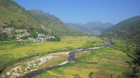 Panoramic view of mountain valley with river and rice fields. Himalayas, India. Stock Footage 82923000
