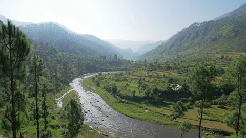 Panoramic view of mountain valley with river and rice fields. Himalayas, India. Stock Footage 82923004