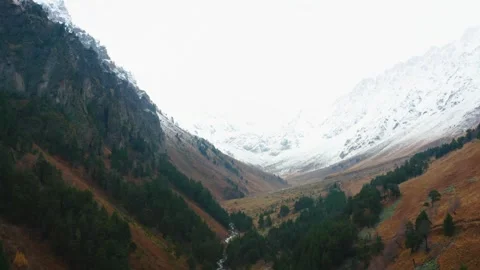 Panoramic view of a mountain valley with a river and autumn forest in the North Video stock 320852905