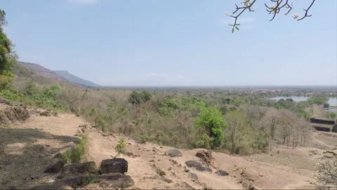 Panoramic view from the mountain, Vat Phou Temple Complex, Champasak, Laos Stock Footage 155405855