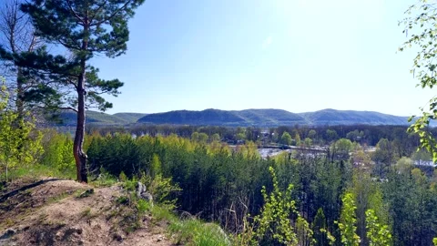 Panoramic view from the mountain to the Volga River Stock Footage 192001241