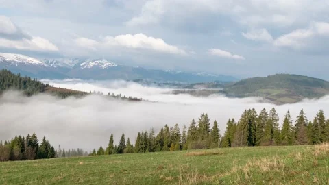 Panoramic view of mountains and forest in the fog. Time lapse. Stock Footage 142754744