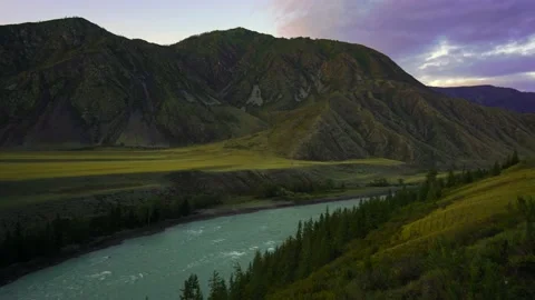 Panoramic view of the mountains and the river Stock Footage 204563822