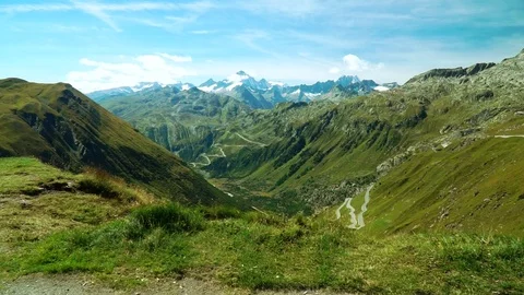 Panoramic view of the mountains from the Furka pass in the Swiss Alps. Stock Footage 82439714