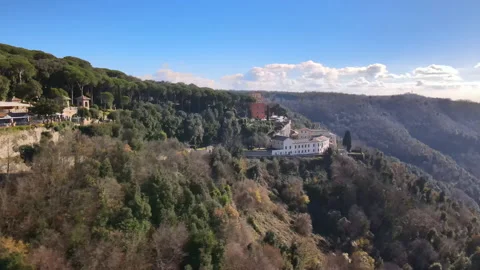 Panoramic view of mountains hill with some ancient buildings, aerial view of Stock-Footage 226488071