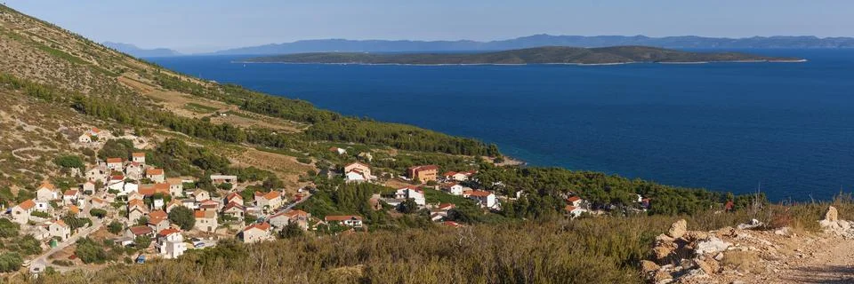 Panoramic view from the mountains at Ivan Dolac on the island of Hvar Stock Photos