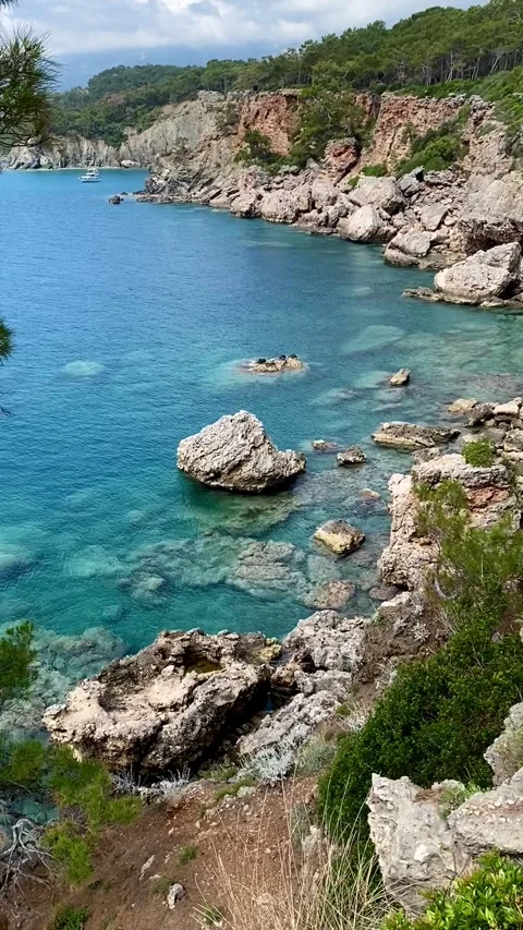 Panoramic view of the mountains of the Phaselis coast near Kemer, Turkey. Stock Footage 342011347