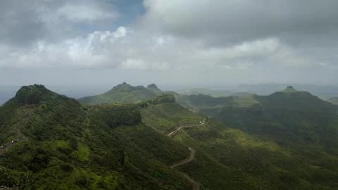 Panoramic view of the mountains from the top of Purandar fort in India Stock Photos